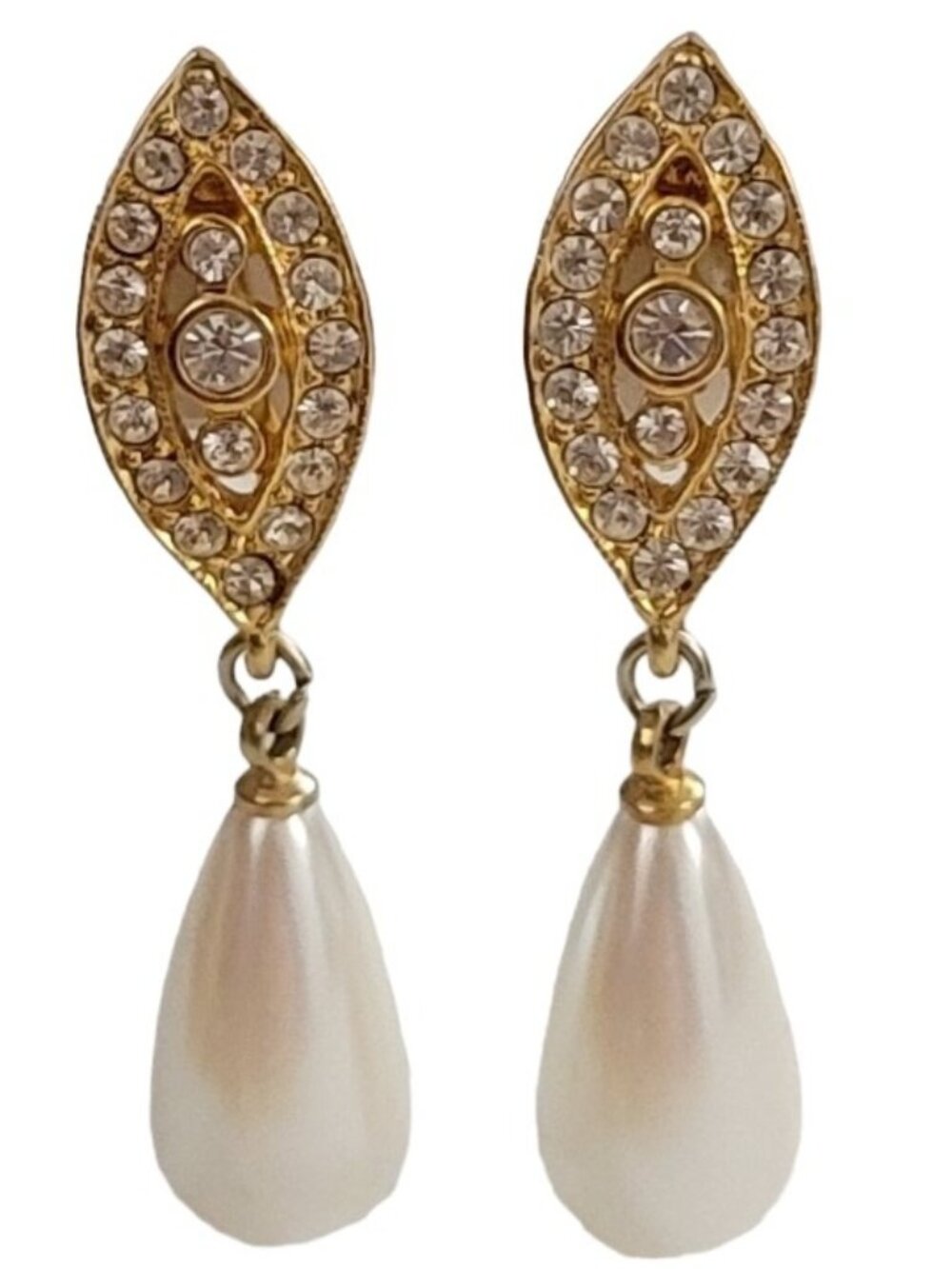 Gold Tone Clear Rhinestone Faux Pearl Dangle Clip On Earrings K915